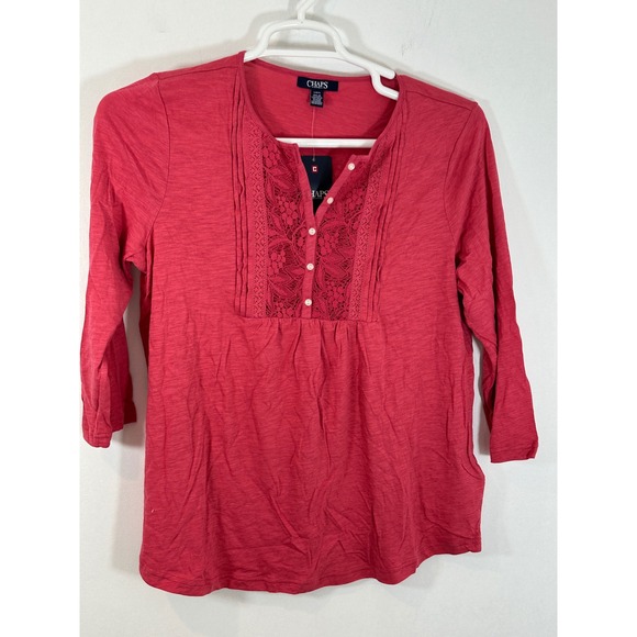 Chaps Lace Trim Top 3/4 Sleeve Button Up Blouse Casual Red Size L - Picture 1 of 5